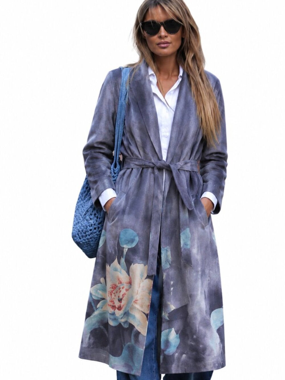 Long duster faux suede coat, statement floral print, soft lavender gray - Picture 1 of 9